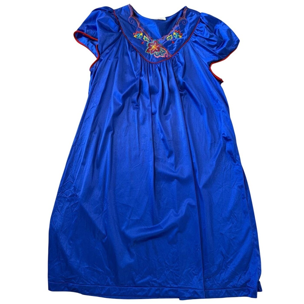 Vintage Vanity Fair‎ Nightgown Blue Embroidered Floral House Dress Made in USA L